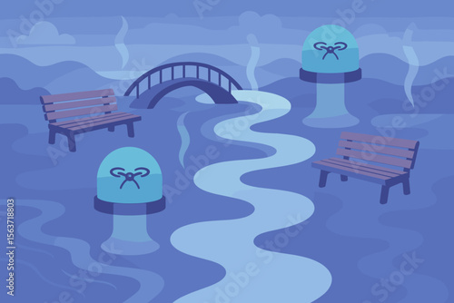 A dreamy, surreal landscape featuring floating benches, mysterious glowing domes, and a misty river, with a bridge arching in the distance under a soft blue sky.