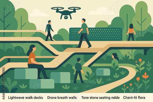 Illustration of a futuristic park with elevated walkways, a drone in the sky, people walking, and unique seating structures in a lush green environment.