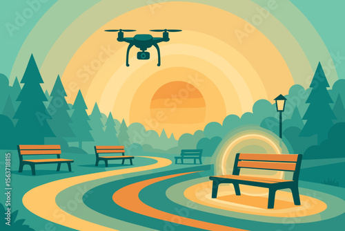 A serene park scene at sunset featuring a drone flying above winding paths, benches, and tall trees under a radiant rainbow of warm tones