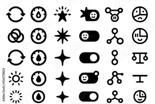 A collection of icons representing various states and actions, including mood indicators, cycle controls, and social connections, with a modern, minimalist style.