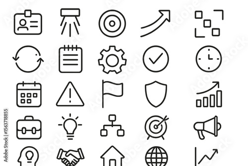 Minimal black business icon set with symbols for productivity, security, and growth