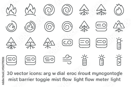 Outlined icon set featuring fire, wind, trees, toggles, and light flow meters