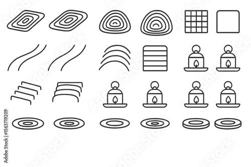 Outlined icon set featuring zen platforms, lanterns, and curved design elements