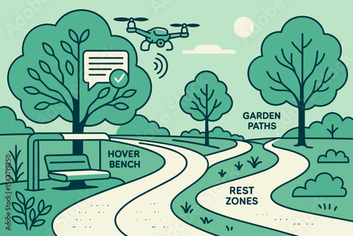 Illustrated smart park with drone, hover bench, and labeled paths