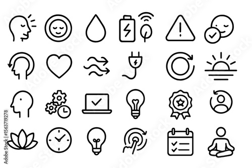 Dark-themed vector icon set for mindfulness and productivity apps
