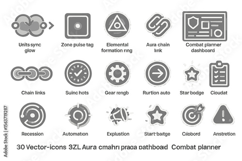 Futuristic UI icon set in grayscale with glowing effects and combat interface symbols