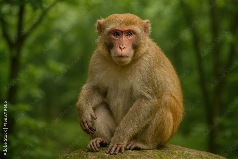 Curious monkey in lush forest Curious monkey in lush forest