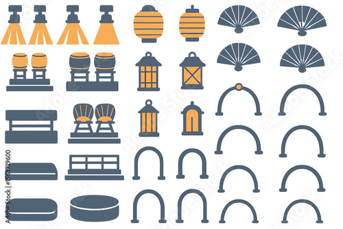 Set of oriental-themed icons with lanterns, drums, fans, arches, and seating furniture.