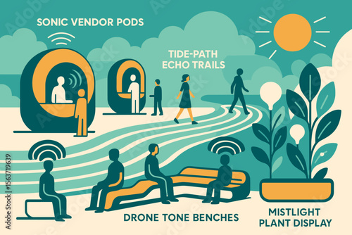 Interactive park illustration featuring sonic pods, drone benches, and plant displays.