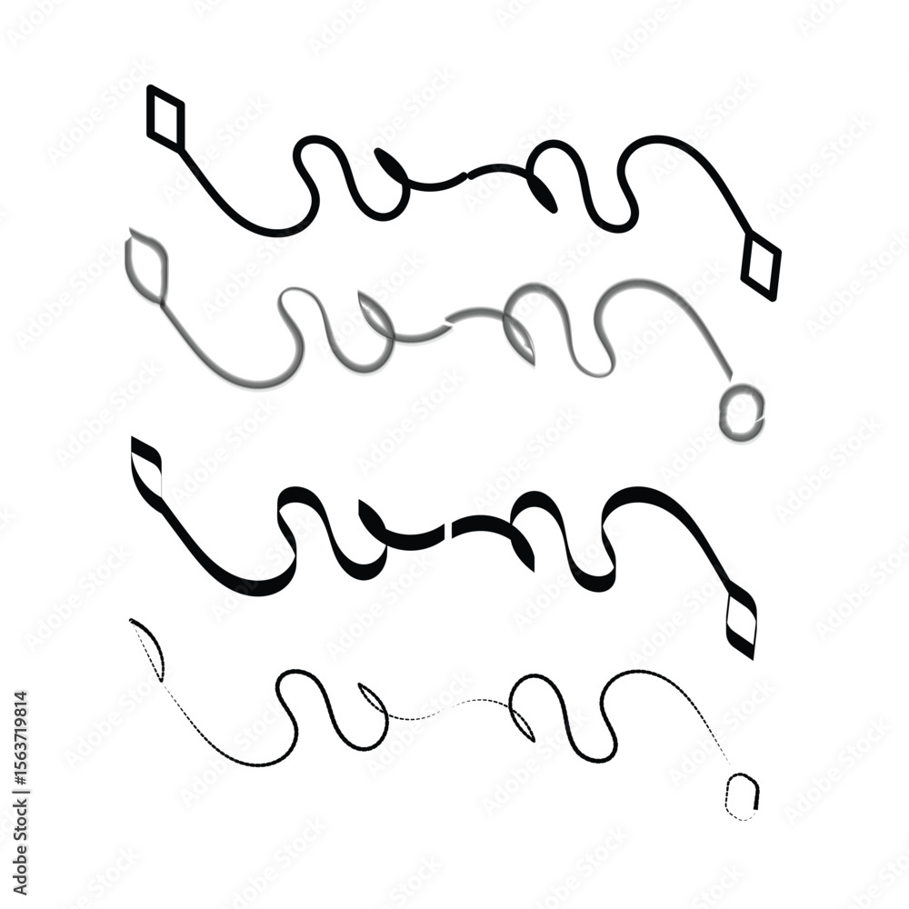 Four abstract wavy lines with different styles and endpoints on a white background Four abstract wavy lines with different styles and endpoints on a white background