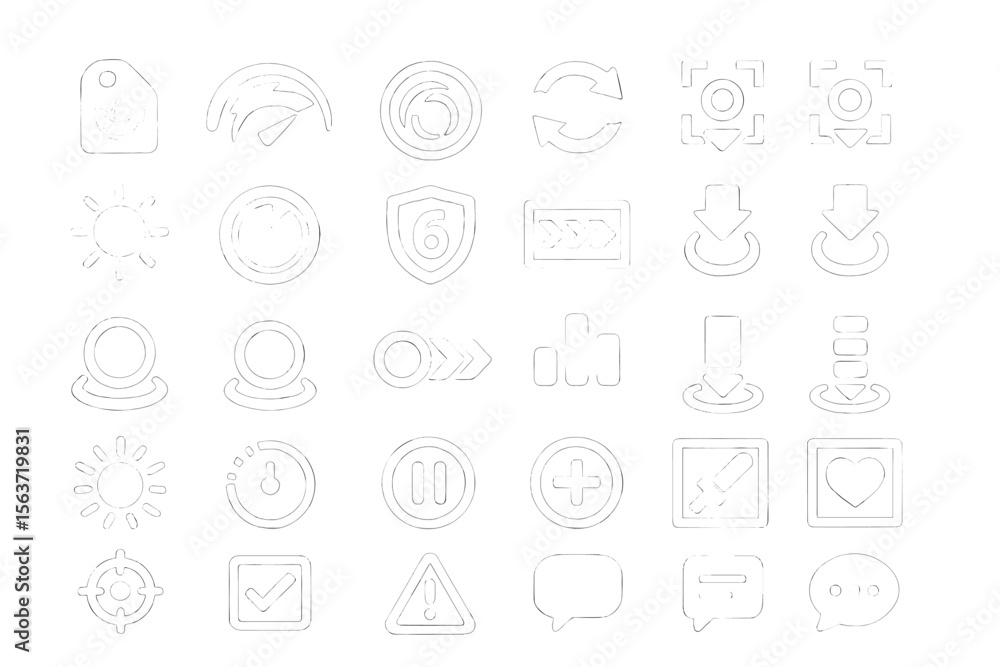 Glowing white icon set with system, status, and interaction symbols Glowing white icon set with system, status, and interaction symbols