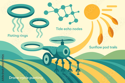Futuristic agriculture scene with drone-cycle and labeled planting tech