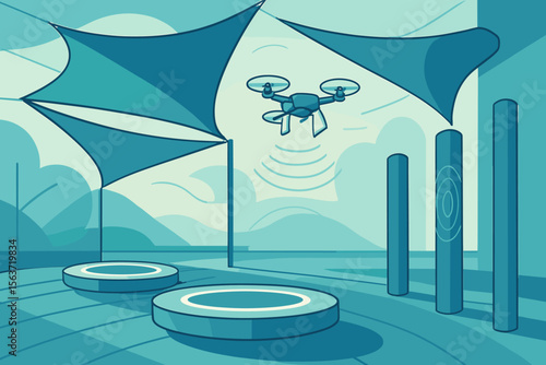 Modern tech plaza with drone hovering under geometric canopies