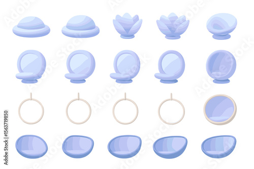 Set of futuristic, soft, minimalist meditation seats and floating rings designed for relaxation.