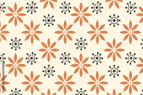 Stylized flower pattern with contrasting orange and black flowers against a light background.