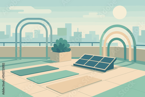 Abstract rooftop scene with solar panels, arches, and tranquil ambiance.