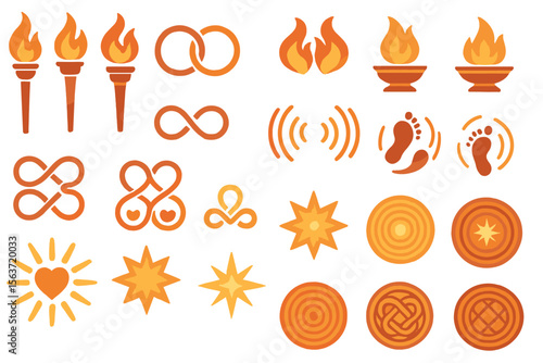 Warm ceremonial icon set with torches, flames, symbols, and radiating motifs