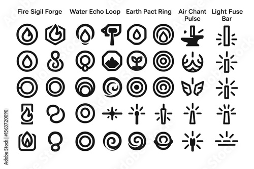 Fantasy icon set with elemental symbols for fire, water, earth, air, and light