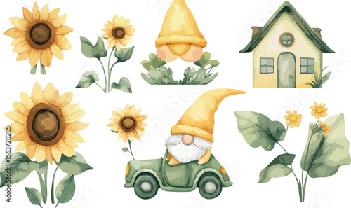 Watercolor Set with Sunflowers Gnomes and a House for Summer and Spring Designs