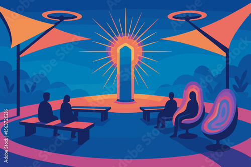 Futuristic gathering circle with radiant monolith, shade sails, and modern seating