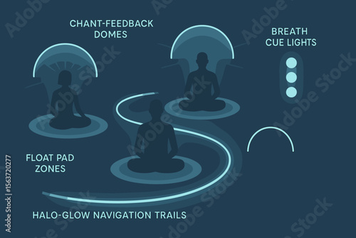 Futuristic meditation layout with float pads, feedback domes, and light cues