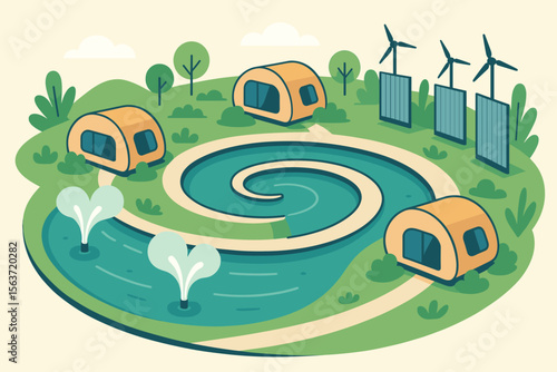 Eco-friendly glamping site with cabins, spiral water feature, and turbines