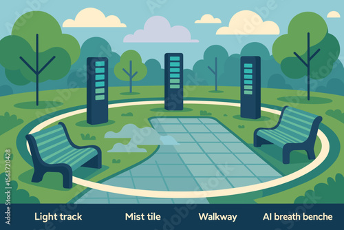 Futuristic park design featuring AI breath benches, mist tiles, light tracks, and a walkway for an interactive outdoor experience.