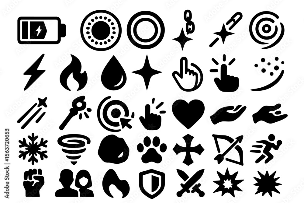 Set of 36 icons for magical and battle actions, including energy, powers, tools, and status effects. Set of 36 icons for magical and battle actions, including energy, powers, tools, and status effects.