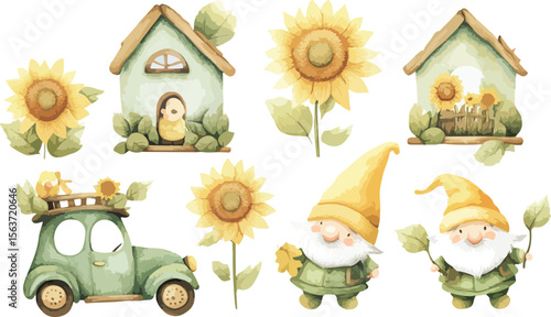Watercolor Illustration of Gnomes Sunflowers Houses and a Car on a White Background