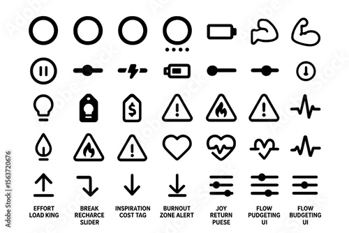 A collection of minimalist icons focused on energy management, well-being, and productivity. The set includes symbols for effort, recharge, inspiration, burnout, flow, and budget tracking.