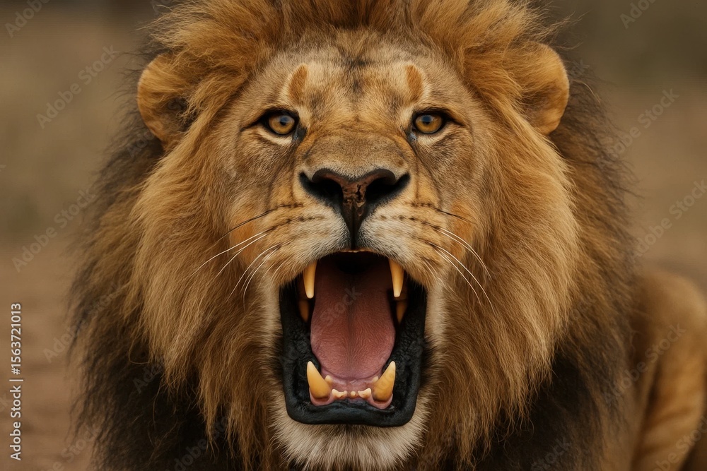 Naklejka premium A close up of a lion's face with its mouth open