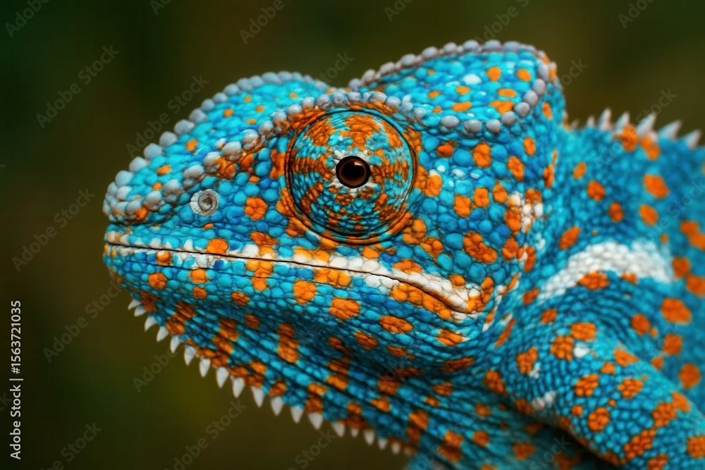 Obraz premium A close up of a blue and orange chameleon's face