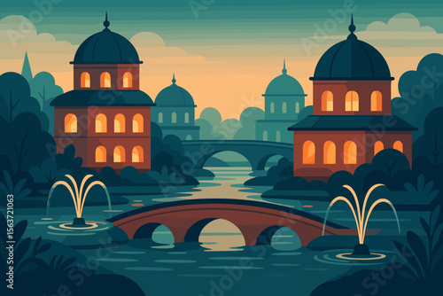 Scenic flat illustration of domed riverside buildings at sunset