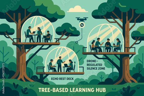 Illustration of treetop study pods with drone-regulated silence zones