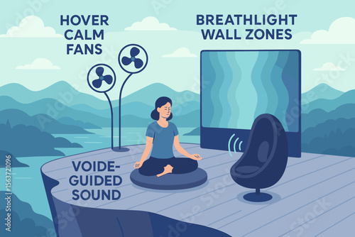 A serene and futuristic scene showcasing innovative relaxation technology, including hovering calm fans, breathlight wall zones, and voice-guided sound for wellness experiences in nature.