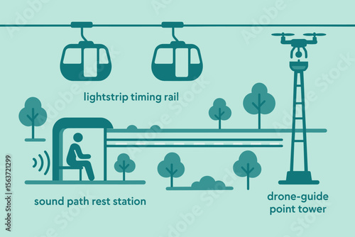 Smart city system with ropeway pods, drone tower, and rest station