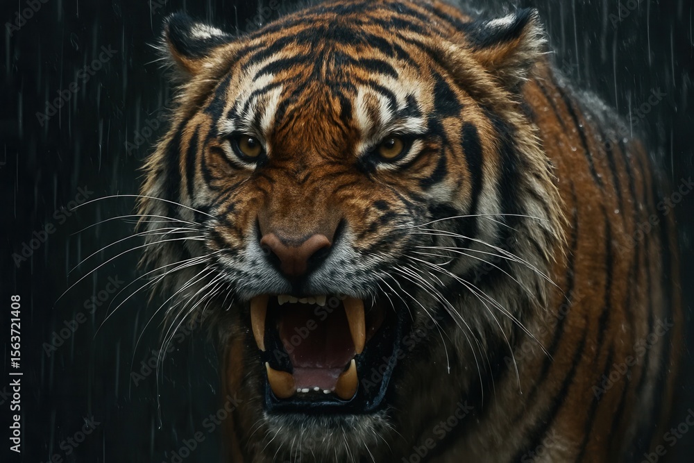 Fototapeta premium A close up of a tiger's face in the rain