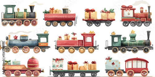 Watercolor Christmas Trains with Presents Festive Holiday Illustration for Cards and Decorations Isolated on White Background