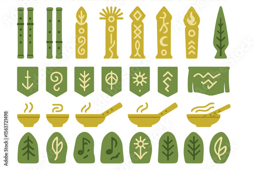 Stylized nature magic icons with flutes, banners, incense, and symbols