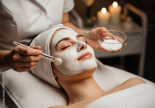 A woman is receiving a facial treatment, lying on a spa bed with a white headband. A beautician, wearing a white uniform, applies a white facial mask with a brush to her face.