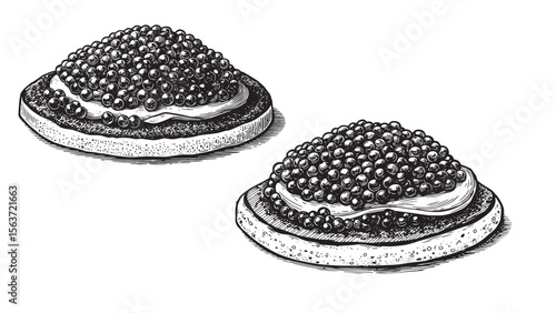Caviar served on blini pancake in engraved black and white bold vintage line drawing