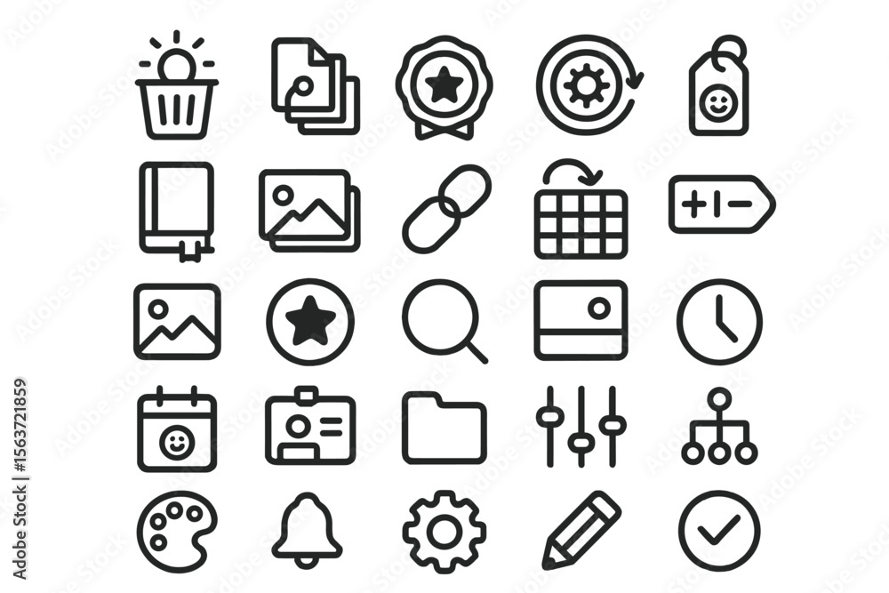 Fototapeta premium A set of simple, clean black icons representing digital tools, including file management, settings, and multimedia.