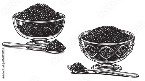 Elegant engraved caviar bowl with detailed spoon in classic black and white vintage line art