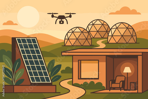 A peaceful, sustainable landscape featuring geodesic domes, a solar panel, a cozy house, and a drone in a tranquil, eco-friendly environment.