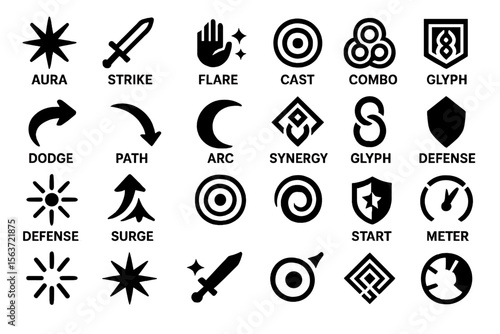 Set of fantasy game ability icons with labels like aura, cast, and strike