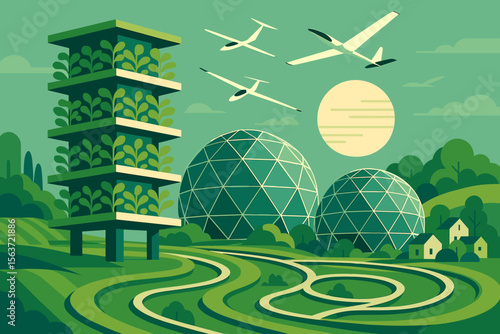 Eco-friendly futuristic landscape with vertical gardens, geodesic domes, and gliders soaring under a sunlit sky.