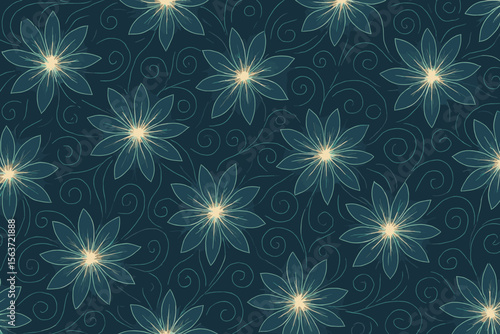 A soft glowing floral pattern with swirling vines, creating a calming and ethereal ambiance on a dark blue background.