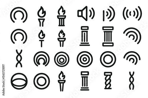 Set of symbols representing sound waves, pillars, and energy signals, in minimalist line style.