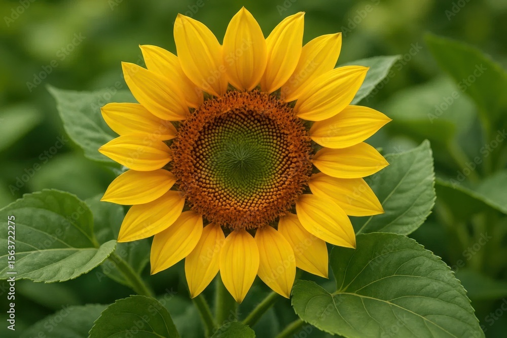 Obraz premium A large yellow sunflower with green leaves in the background