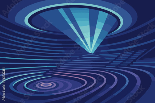A futuristic abstract landscape with concentric rings, illuminated by a triangular light beam, creating a visually striking, surreal environment.